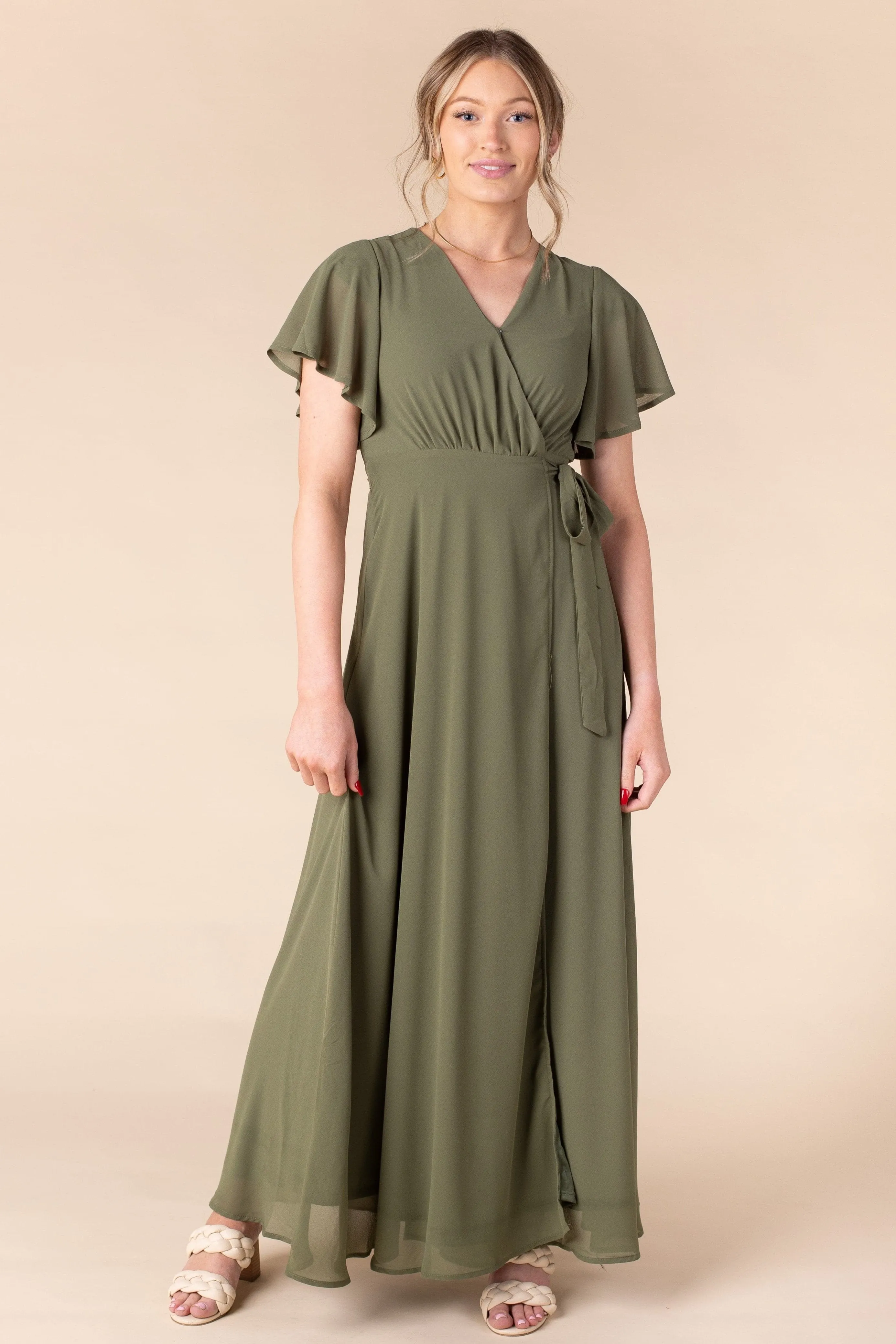 Naples Flutter Sleeve Wrap Maxi - Moss