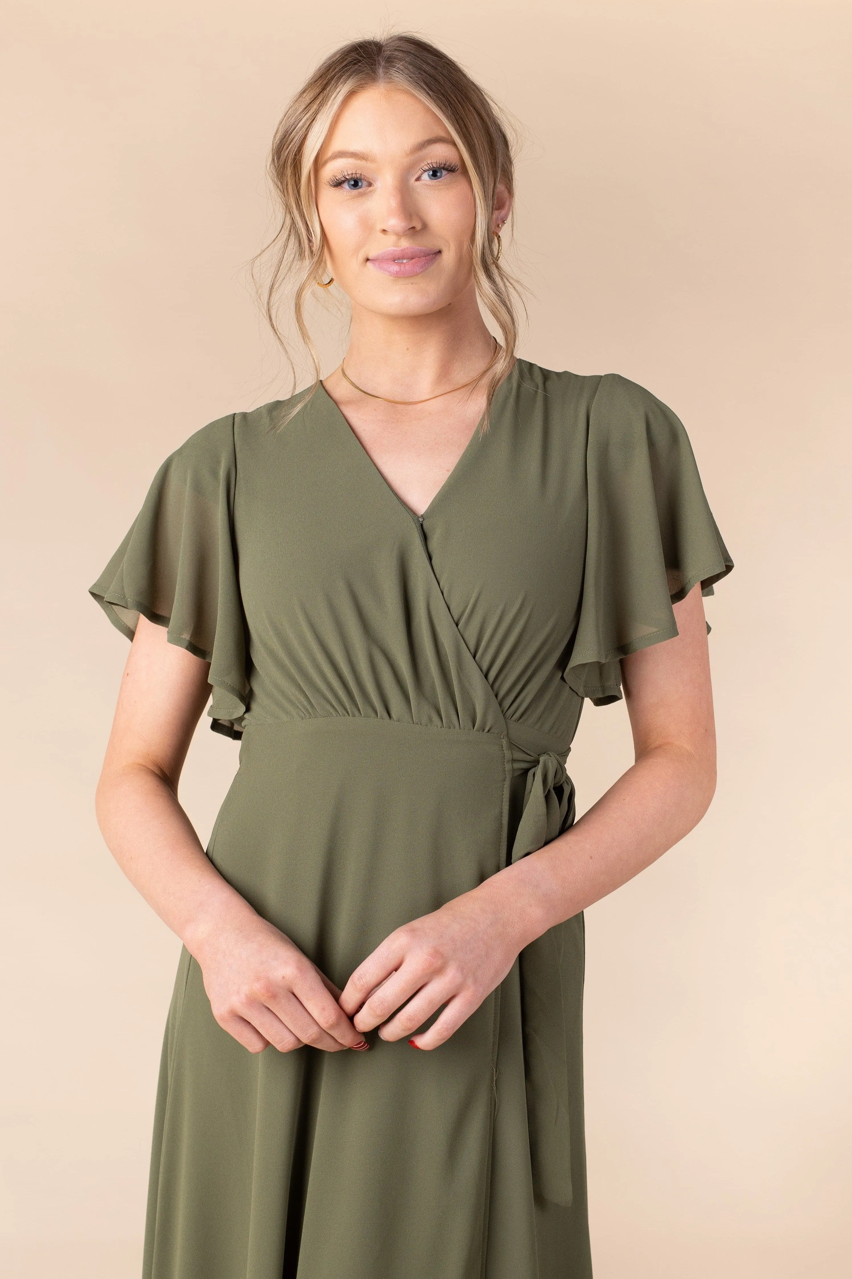 Naples Flutter Sleeve Wrap Maxi - Moss