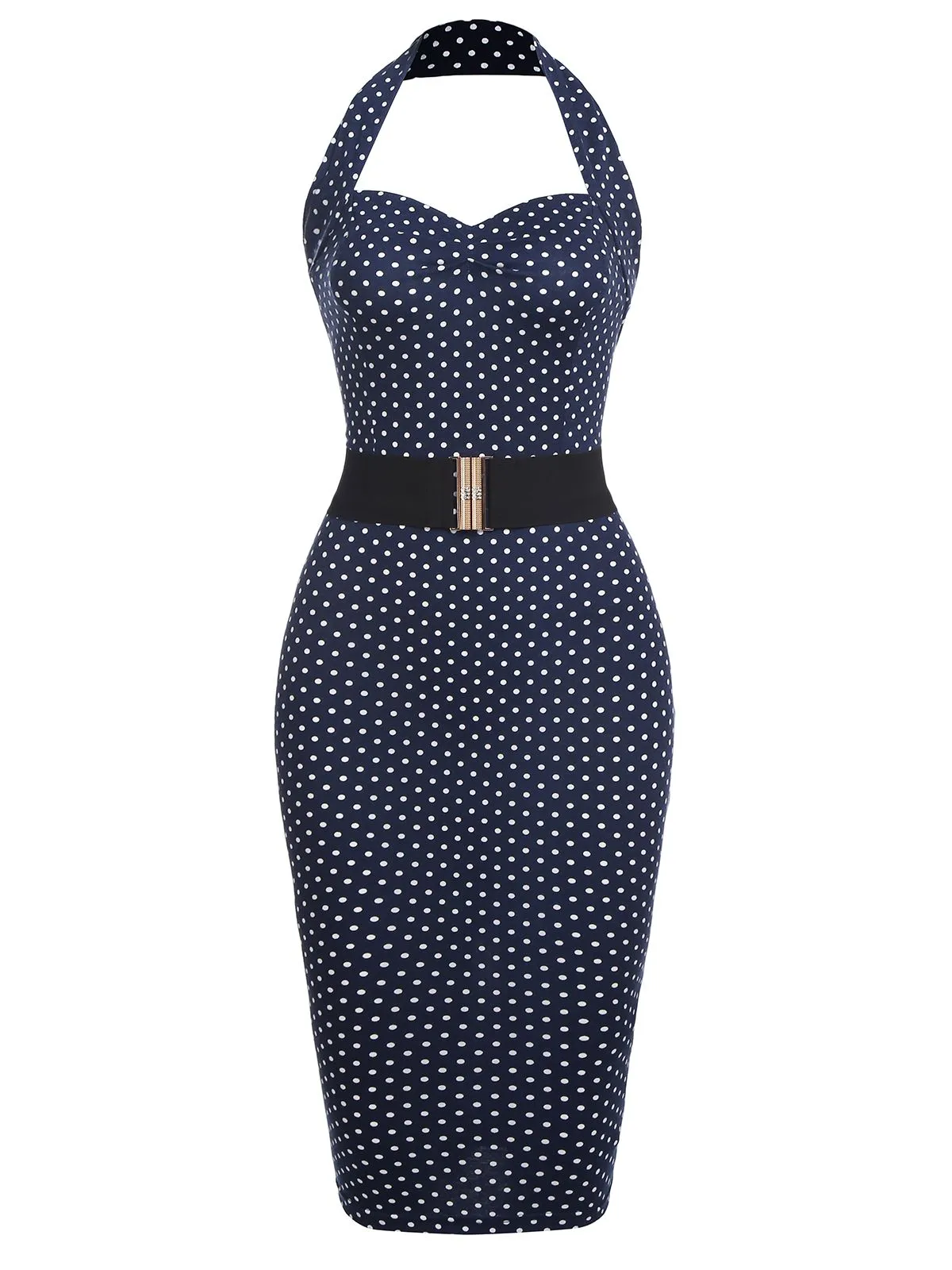 Navy 1960s Halter Dot Bodycon Dress