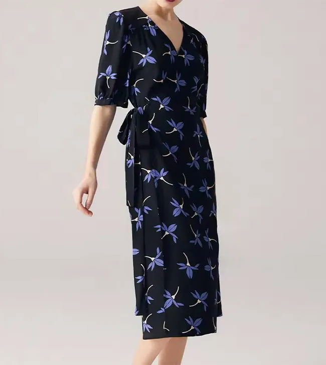 Navy Silk Floral Dress