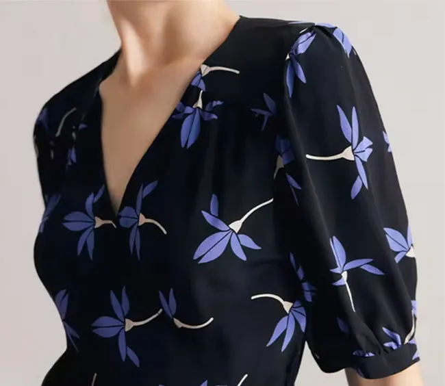 Navy Silk Floral Dress