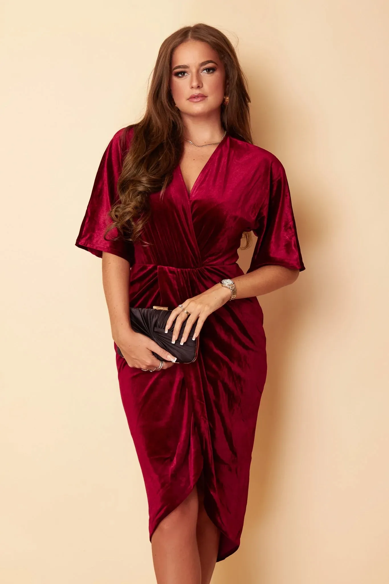 Nic Wine Velvet Wrap Detail Midi Dress