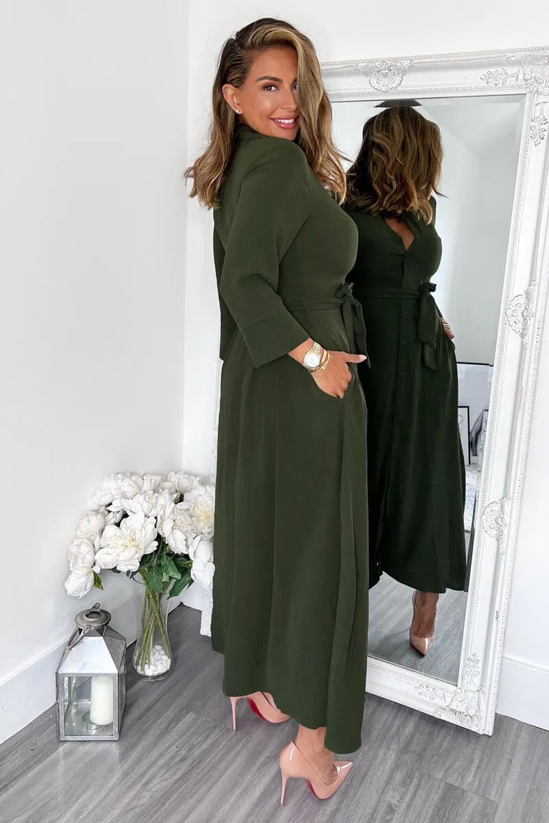 Olive Button Up Midi Shirt Dress