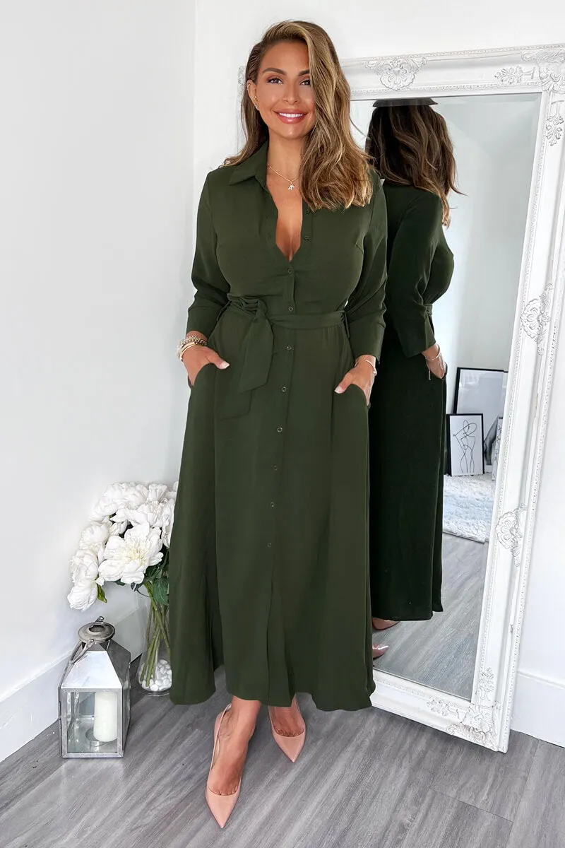 Olive Button Up Midi Shirt Dress