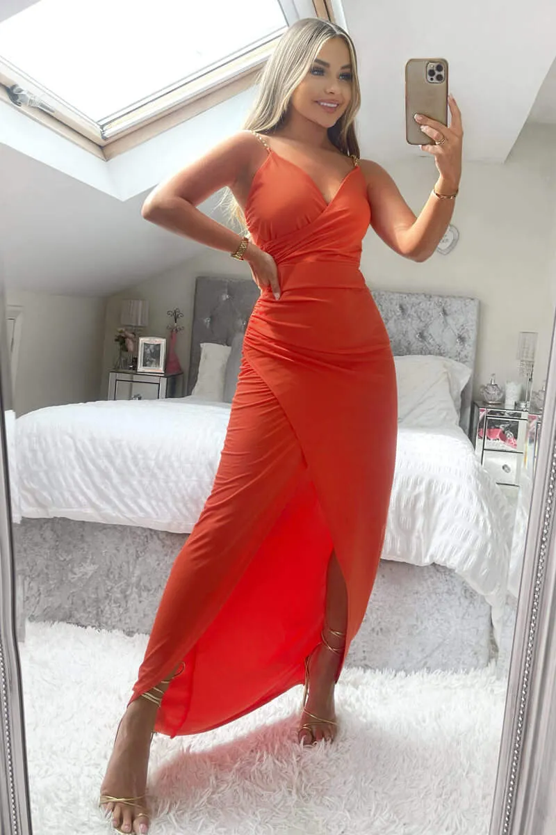 Orange Wrap Over Midi Dress With Chain Straps