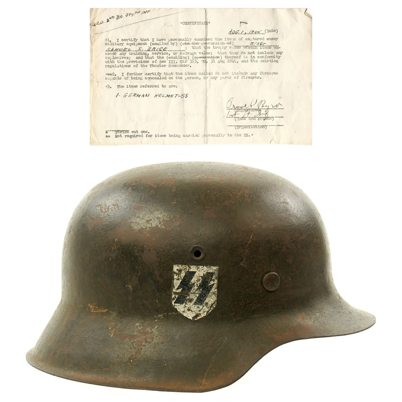 Original German WWII M42 SS Single Decal Helmet with Bring Back Certificate - Size 64