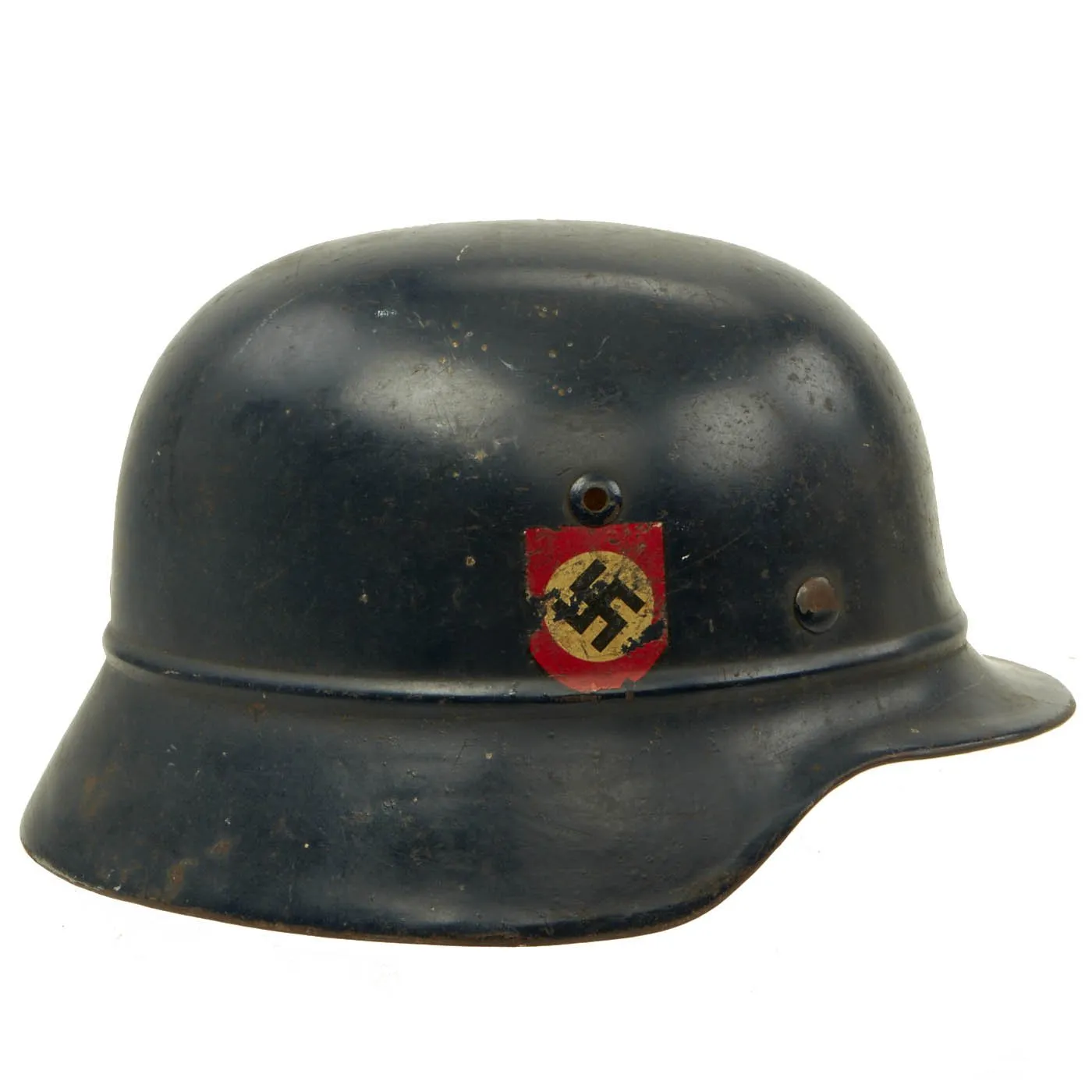 Original German WWII Named Beaded M35 NSDAP Double Decal Civic Police Steel Helmet - marked NS64