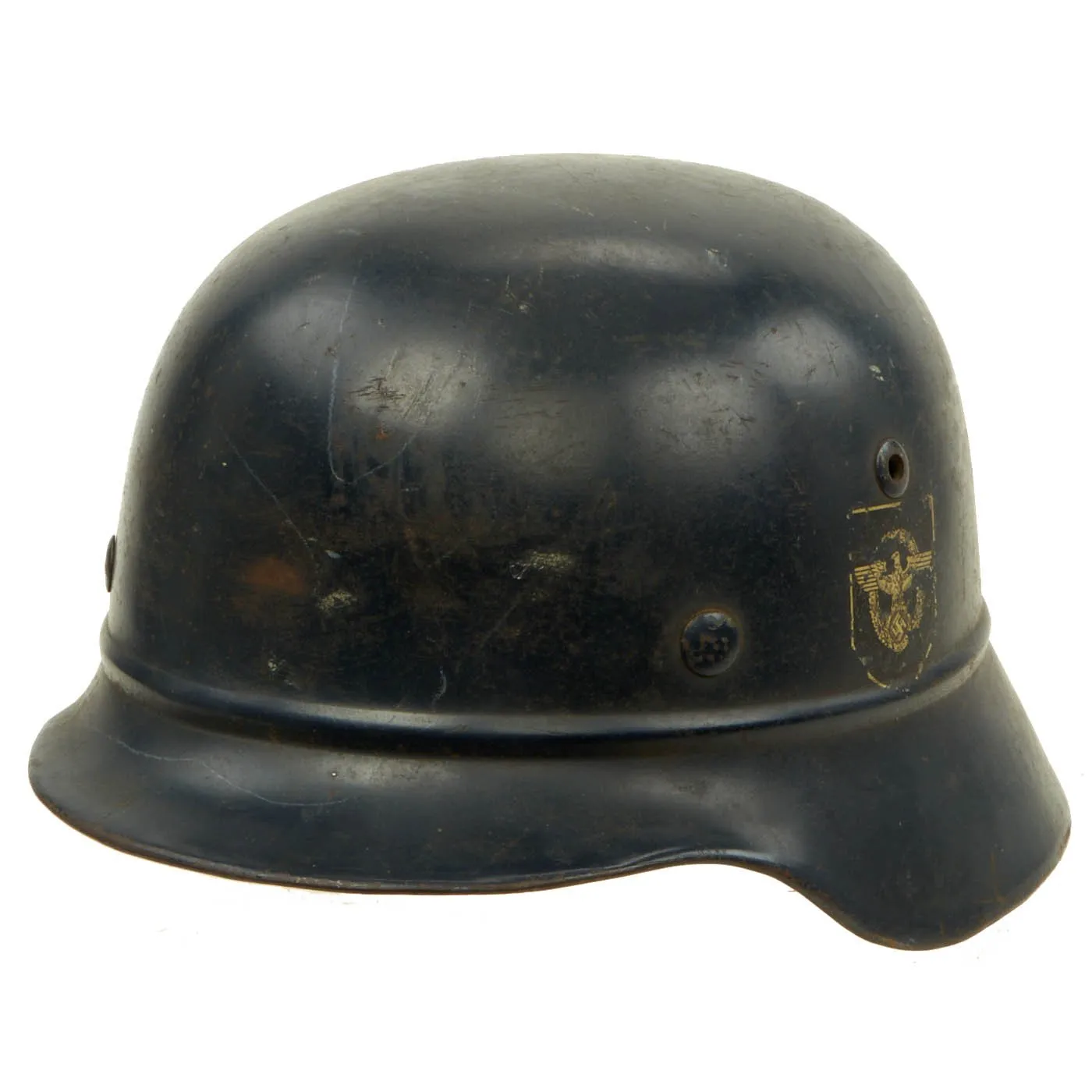 Original German WWII Named Beaded M35 NSDAP Double Decal Civic Police Steel Helmet - marked NS64