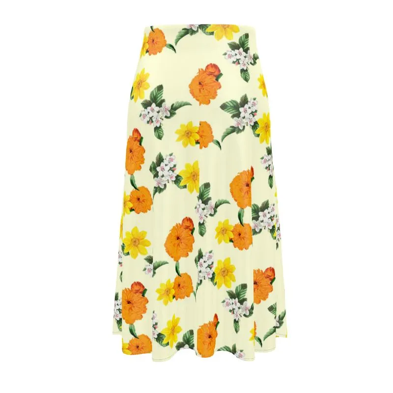 Pale Yellow Floral Midi Skirt