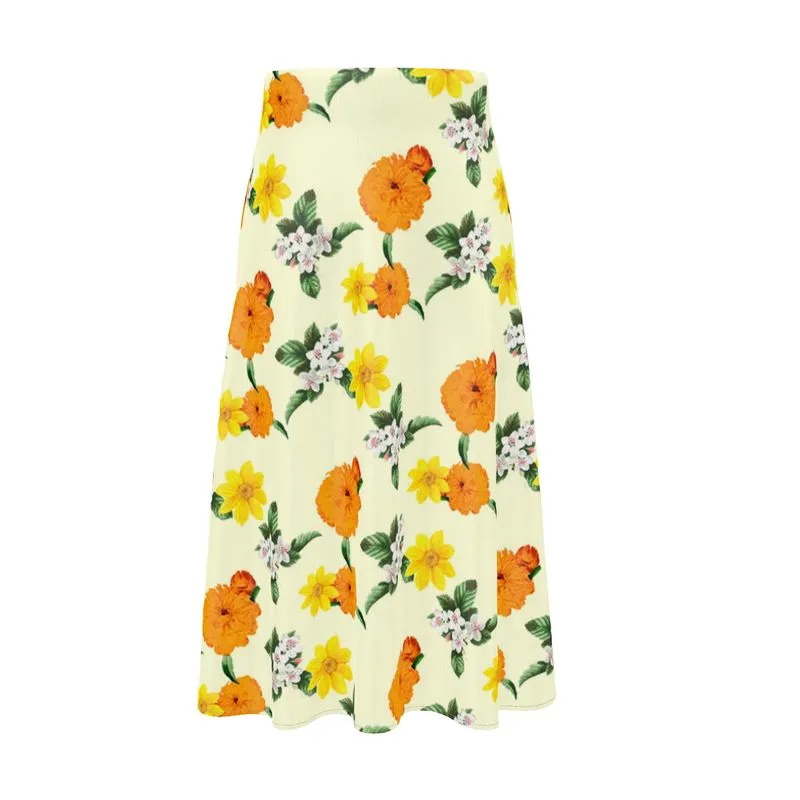 Pale Yellow Floral Midi Skirt