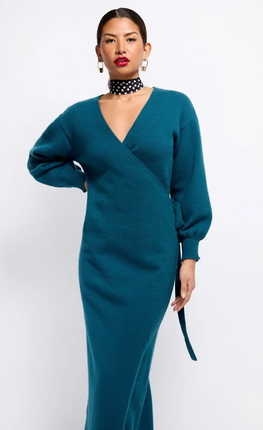 Petrol Knit Midaxi Wrap Dress by Vogue Williams