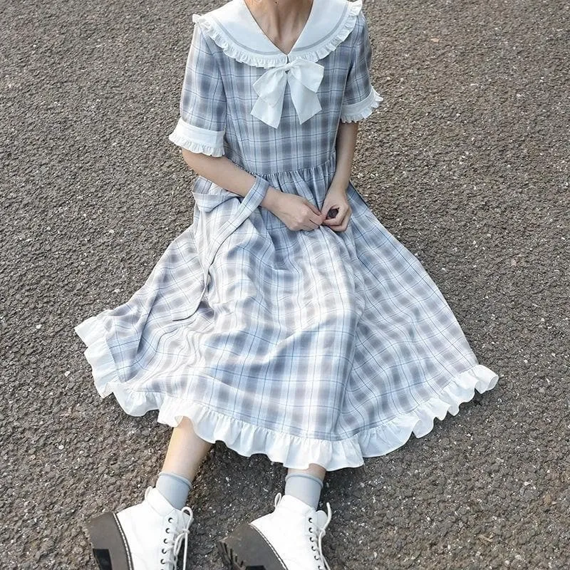 Plaid A-Line Dress With Ruffles and Ribbon (Short   Long Sleeves!)