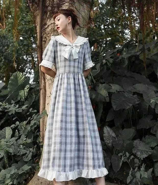 Plaid A-Line Dress With Ruffles and Ribbon (Short   Long Sleeves!)