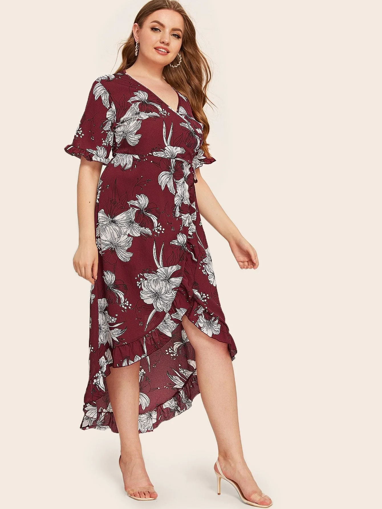 Plus Floral Print Surplice Front Knot Side Wrap Dress