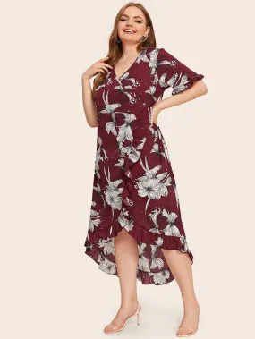 Plus Floral Print Surplice Front Knot Side Wrap Dress