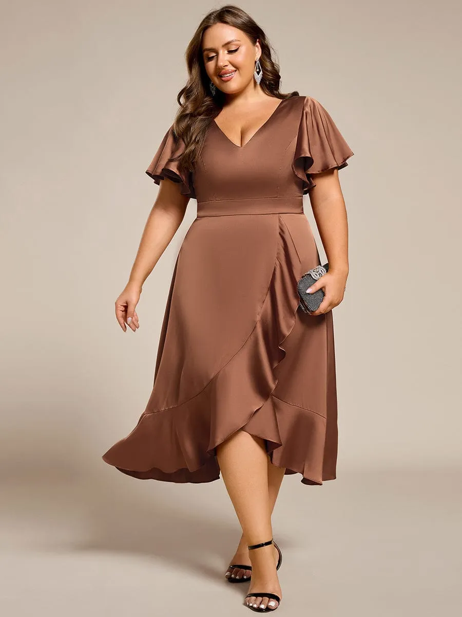 Plus Size V-Neck Satin Midi Wedding Guest Dress with Ruffled Skirt