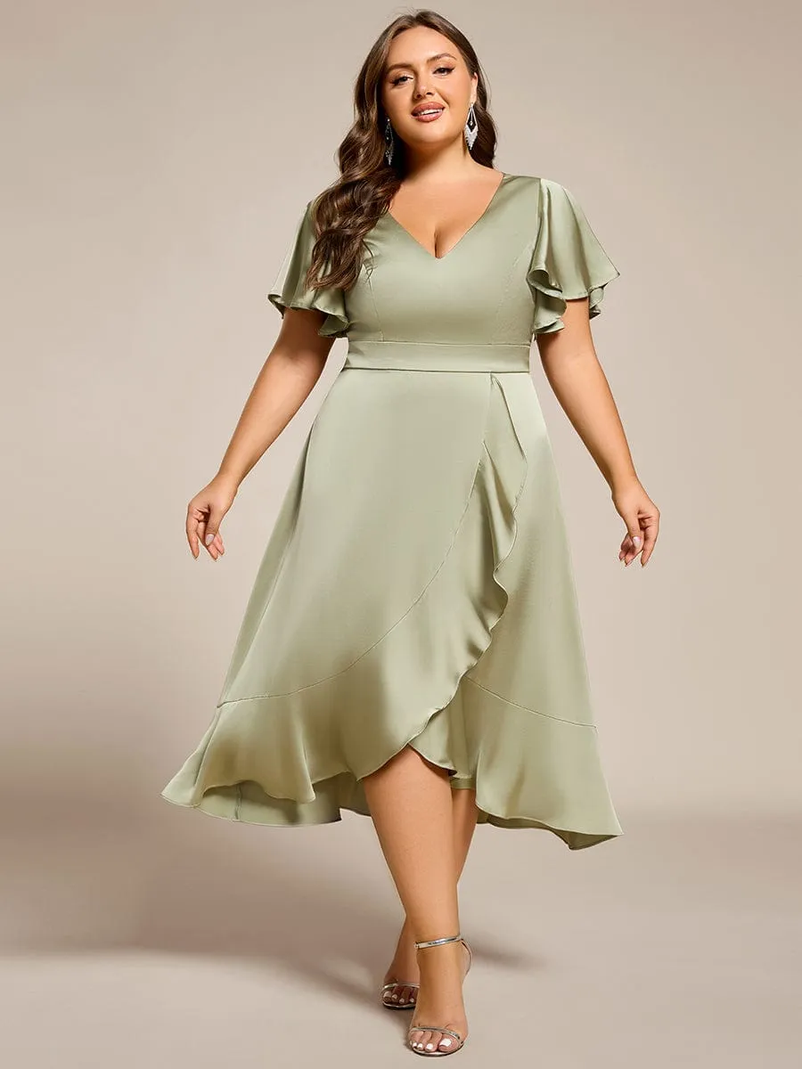 Plus Size V-Neck Satin Midi Wedding Guest Dress with Ruffled Skirt