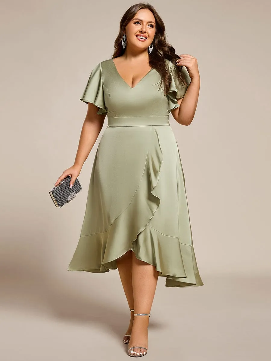 Plus Size V-Neck Satin Midi Wedding Guest Dress with Ruffled Skirt