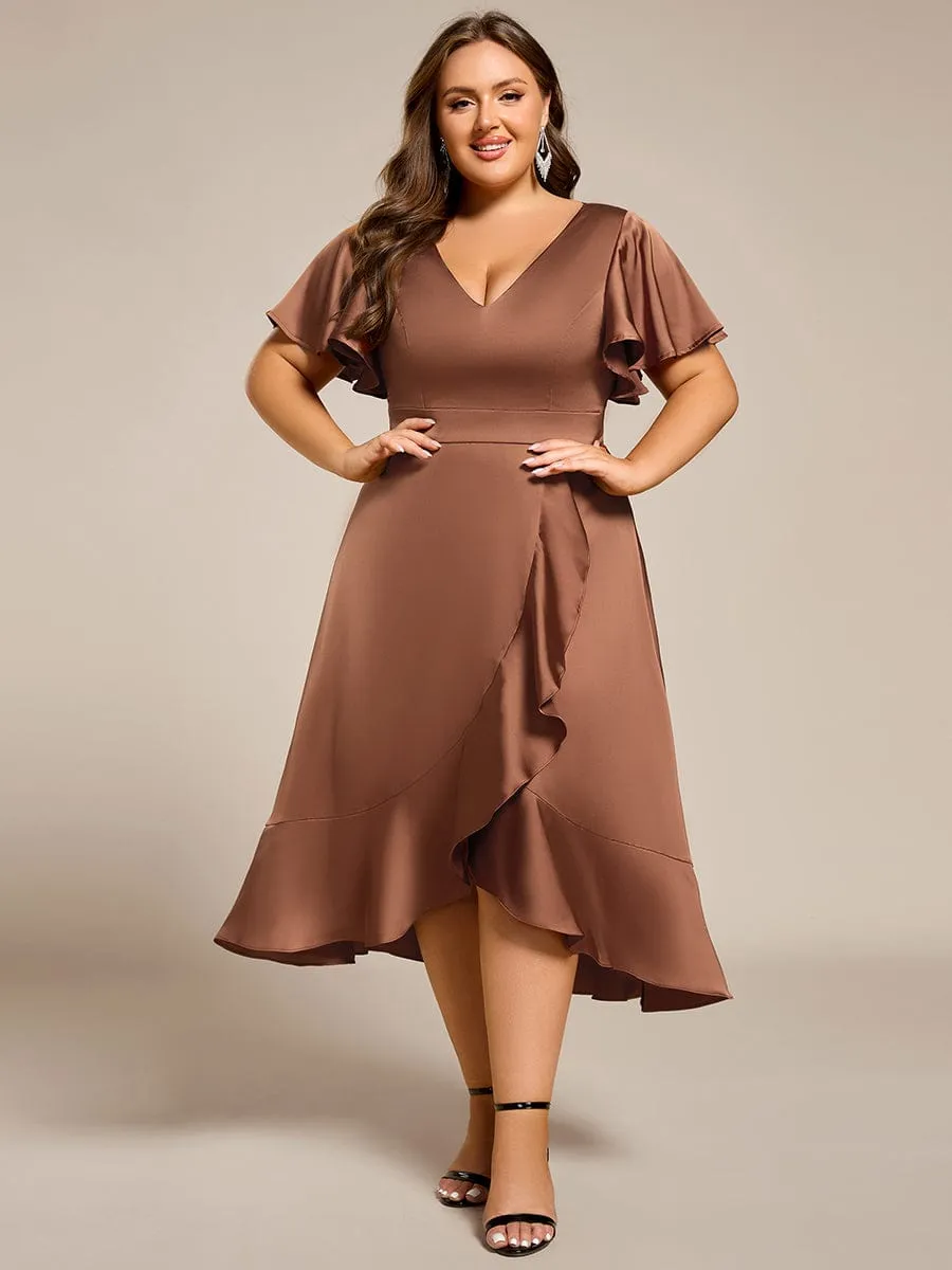 Plus Size V-Neck Satin Midi Wedding Guest Dress with Ruffled Skirt