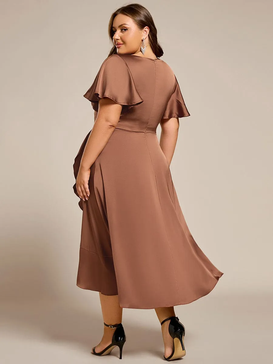 Plus Size V-Neck Satin Midi Wedding Guest Dress with Ruffled Skirt