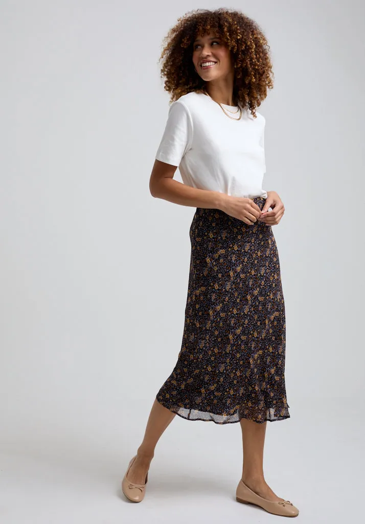 Poppy Bias Cut Aster Print Midi Skirt In Brown