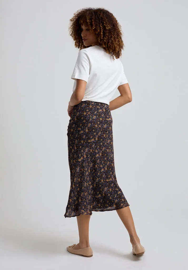 Poppy Bias Cut Aster Print Midi Skirt In Brown