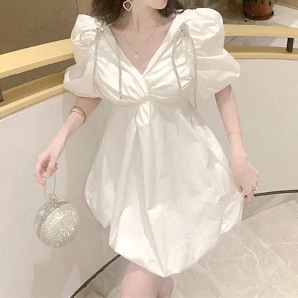 Puff Sleeve V-Neck Fluffy White Dress