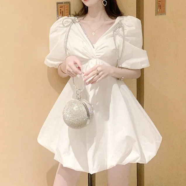 Puff Sleeve V-Neck Fluffy White Dress