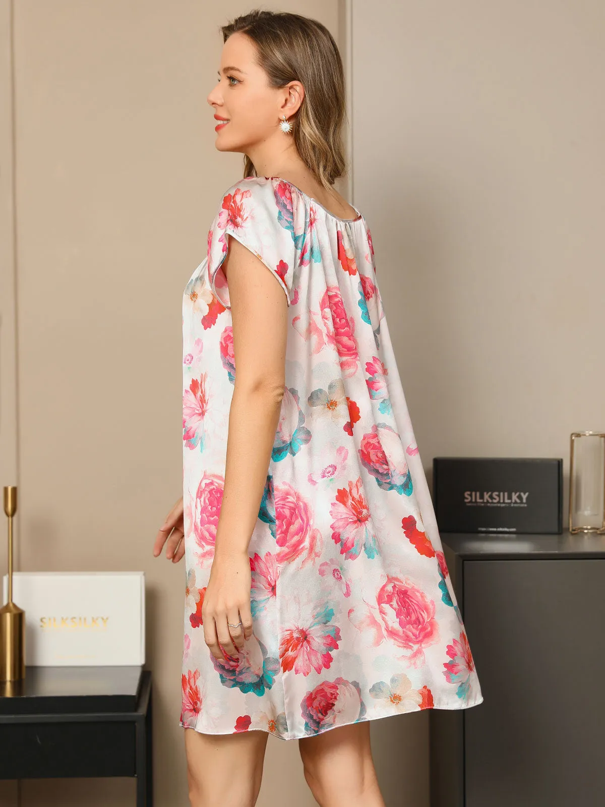 Pure Silk Floral Pattern Casual Cute Nightgown