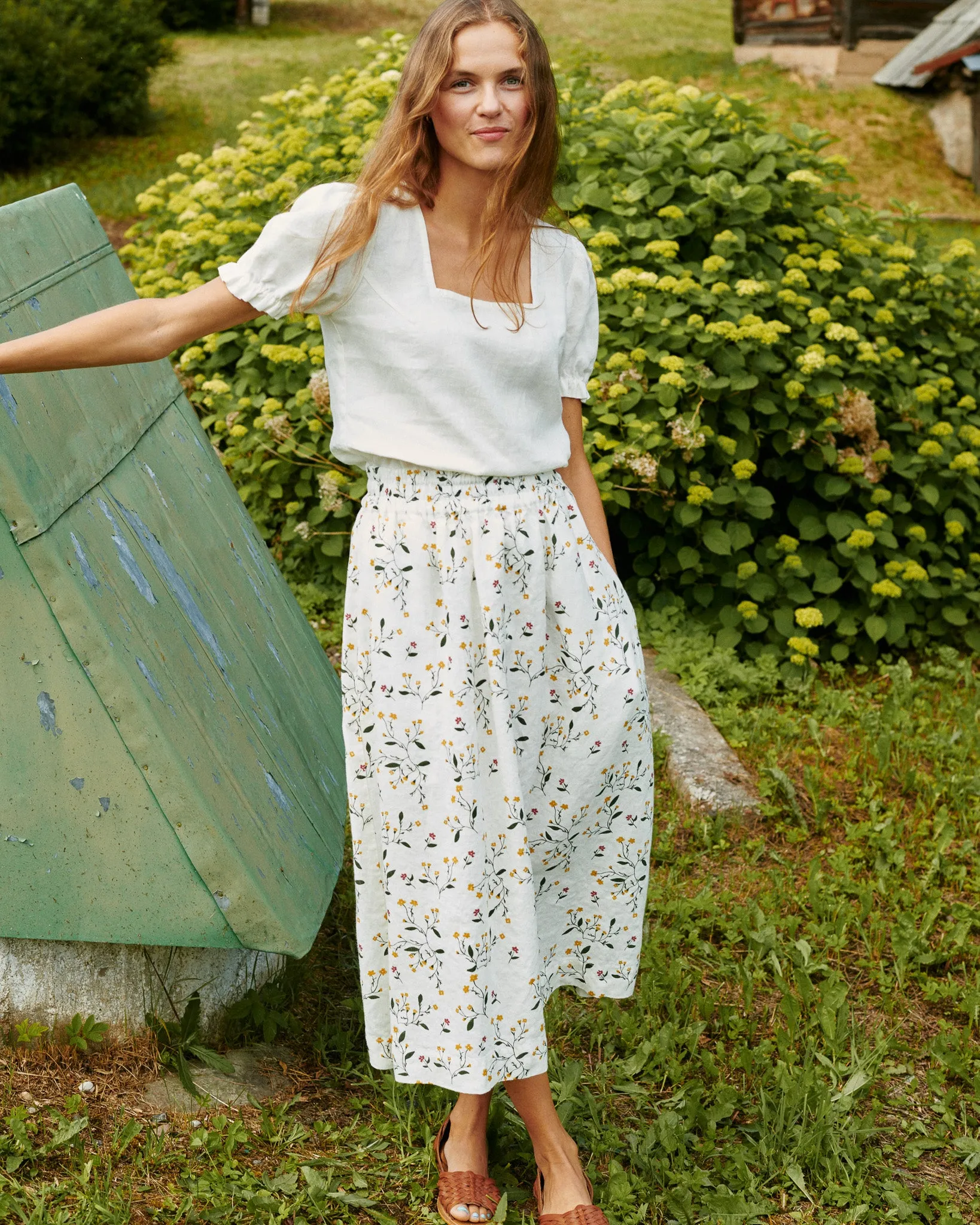 R: SION gathered linen skirt (Size: S; Color: Milky White/Blue Rose)