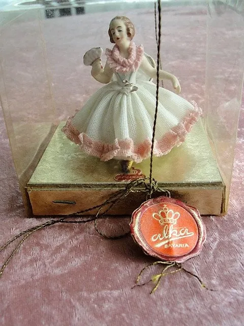 RARE Antique Dresden Doll Figurine In ORIGINAL Box and Tag, Lovely Lady Figurine Holding Fan, Dresden Art,Alka Bavaria, Collectible Dresdens