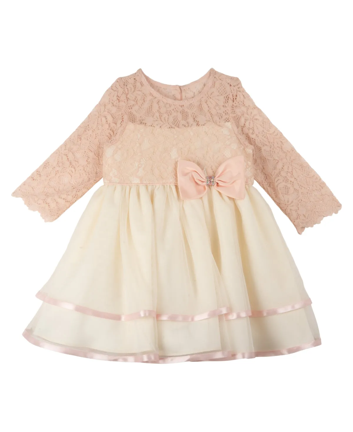 Rare Editions Baby Girls Lace Long Sleeved Dress with Tiered Skirt - Blush