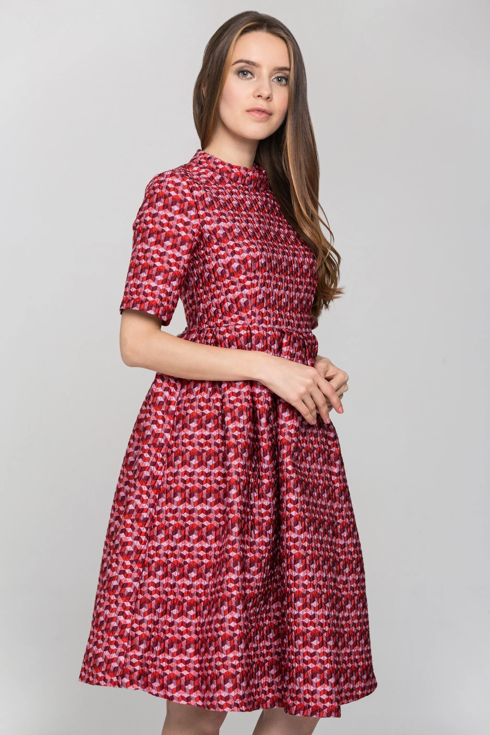 Red Sleeved Cube Print Midi Dress