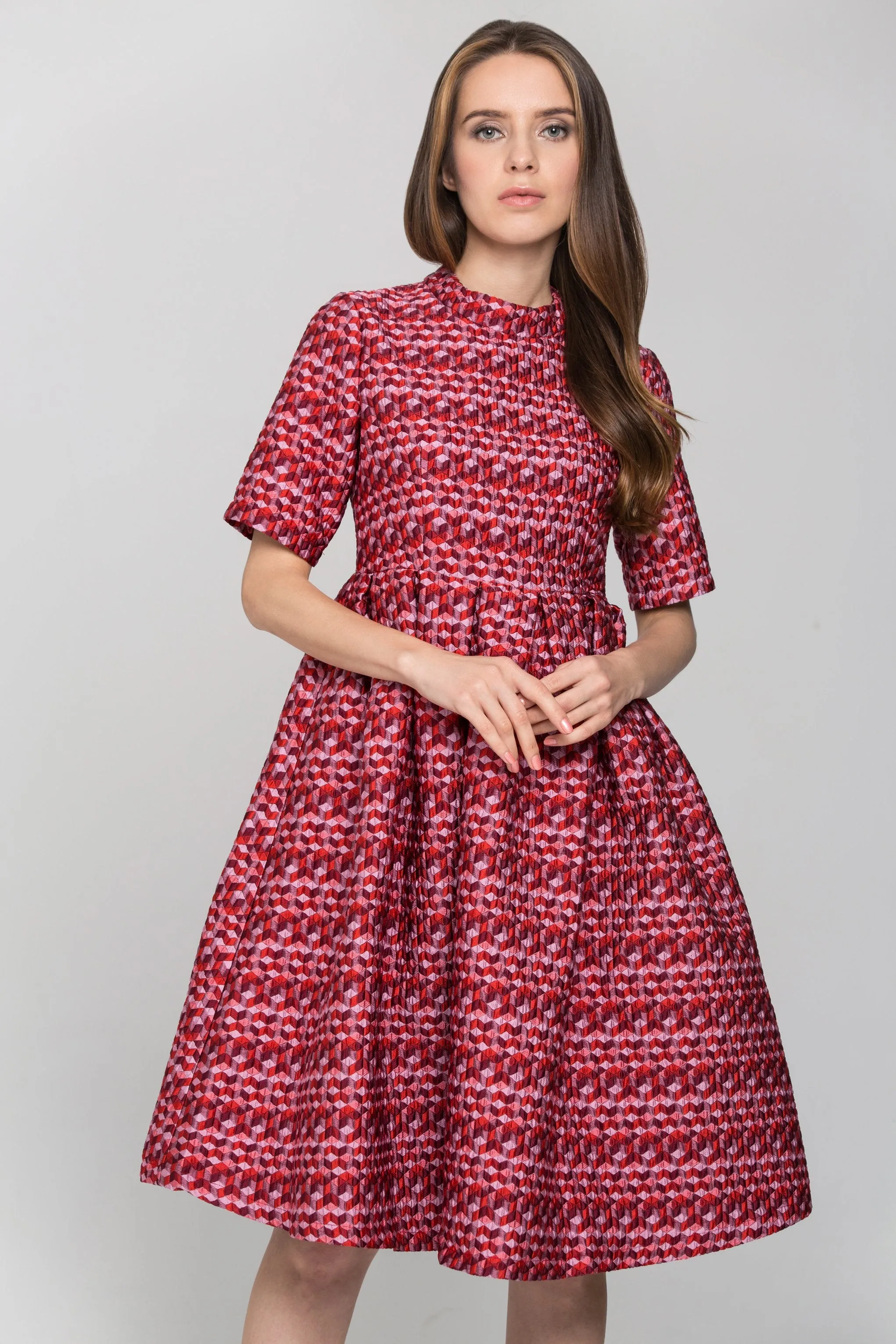 Red Sleeved Cube Print Midi Dress