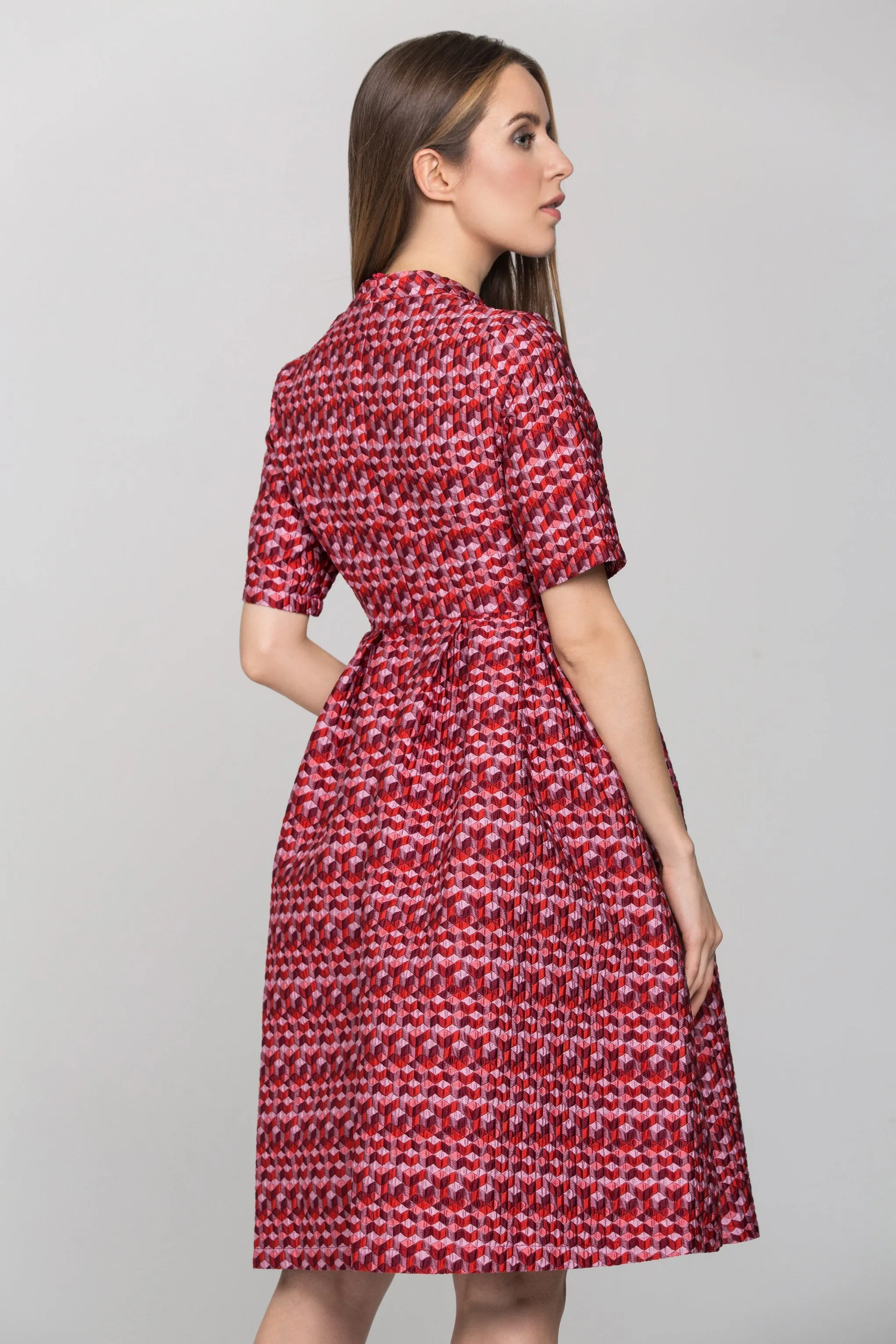 Red Sleeved Cube Print Midi Dress