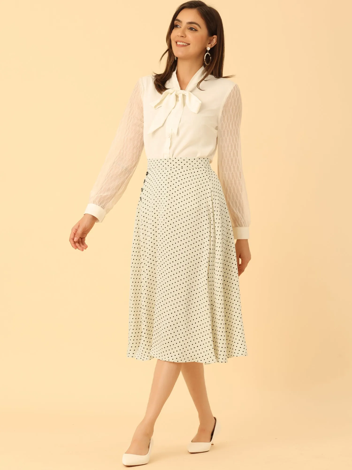 Retro Polka Dot Elastic Waist Vintage A-Line Midi Skirt