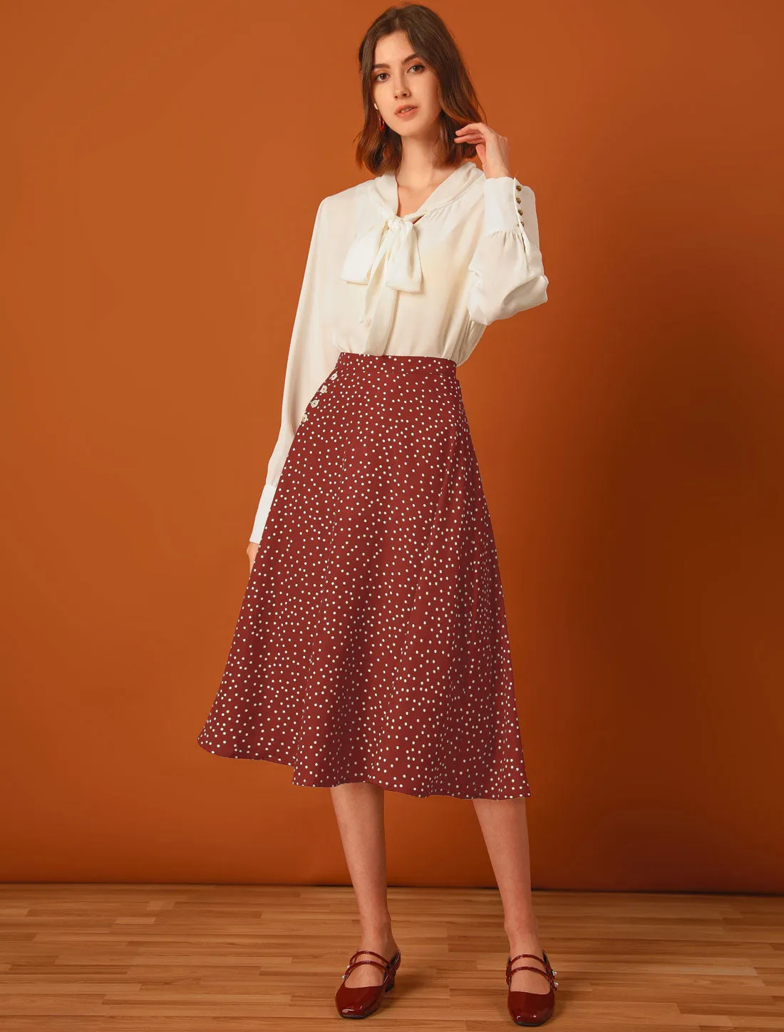 Retro Polka Dot Elastic Waist Vintage A-Line Midi Skirt