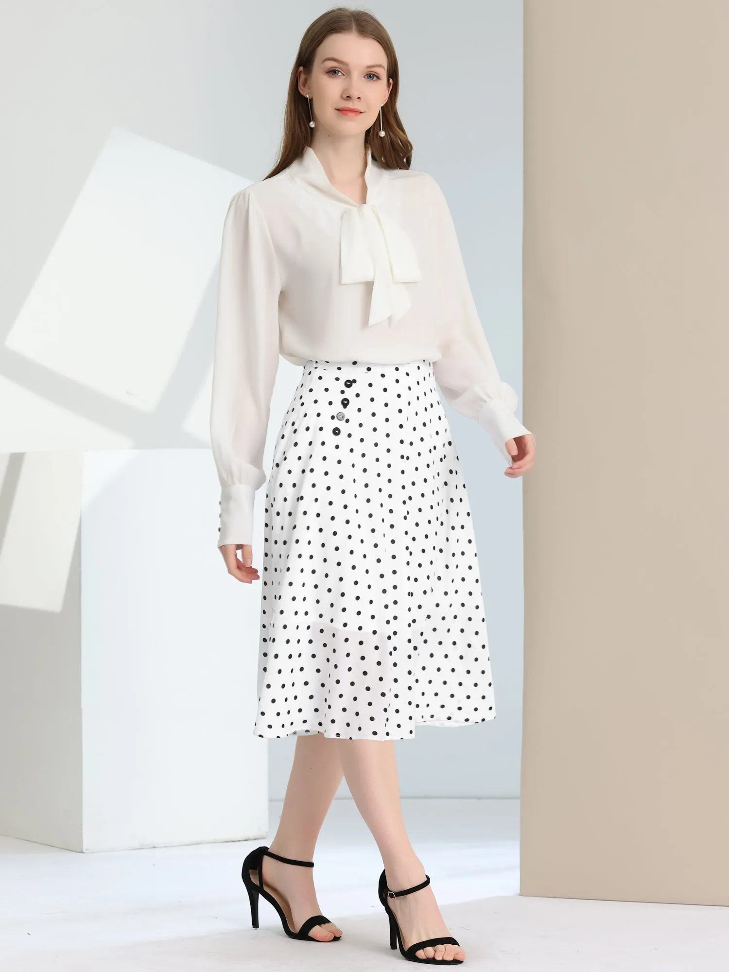 Retro Polka Dot Elastic Waist Vintage A-Line Midi Skirt