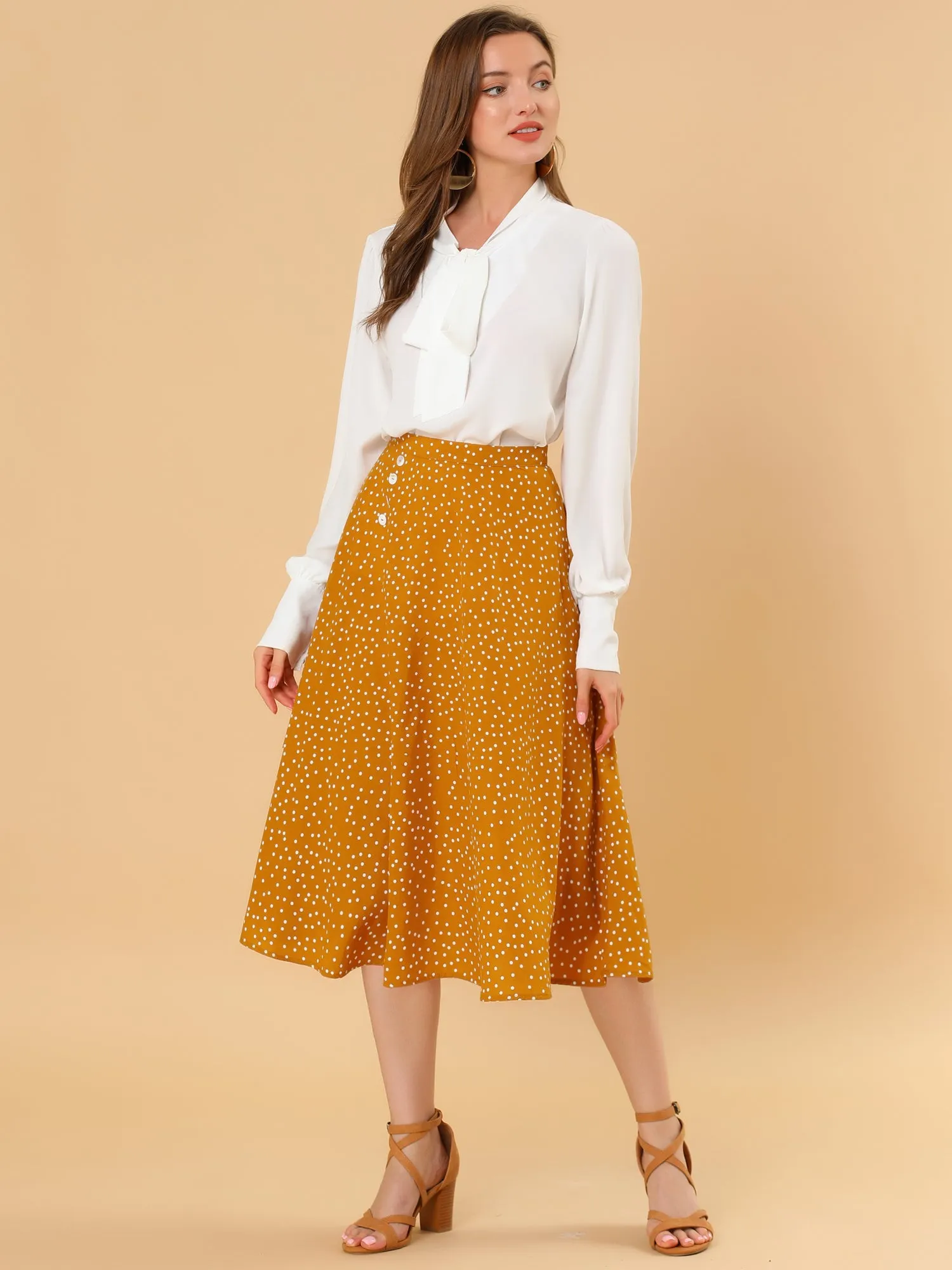 Retro Polka Dot Elastic Waist Vintage A-Line Midi Skirt