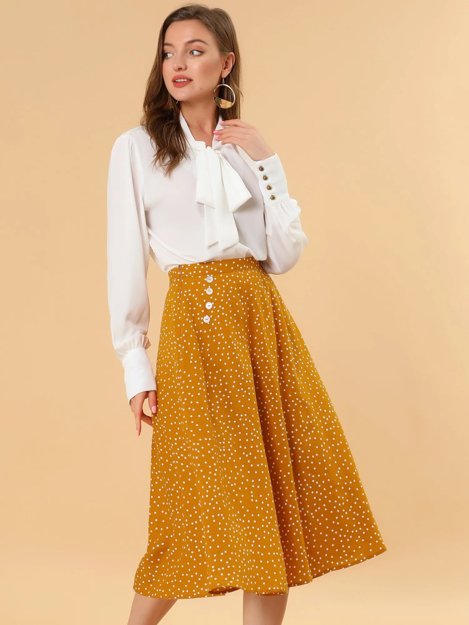 Retro Polka Dot Elastic Waist Vintage A-Line Midi Skirt