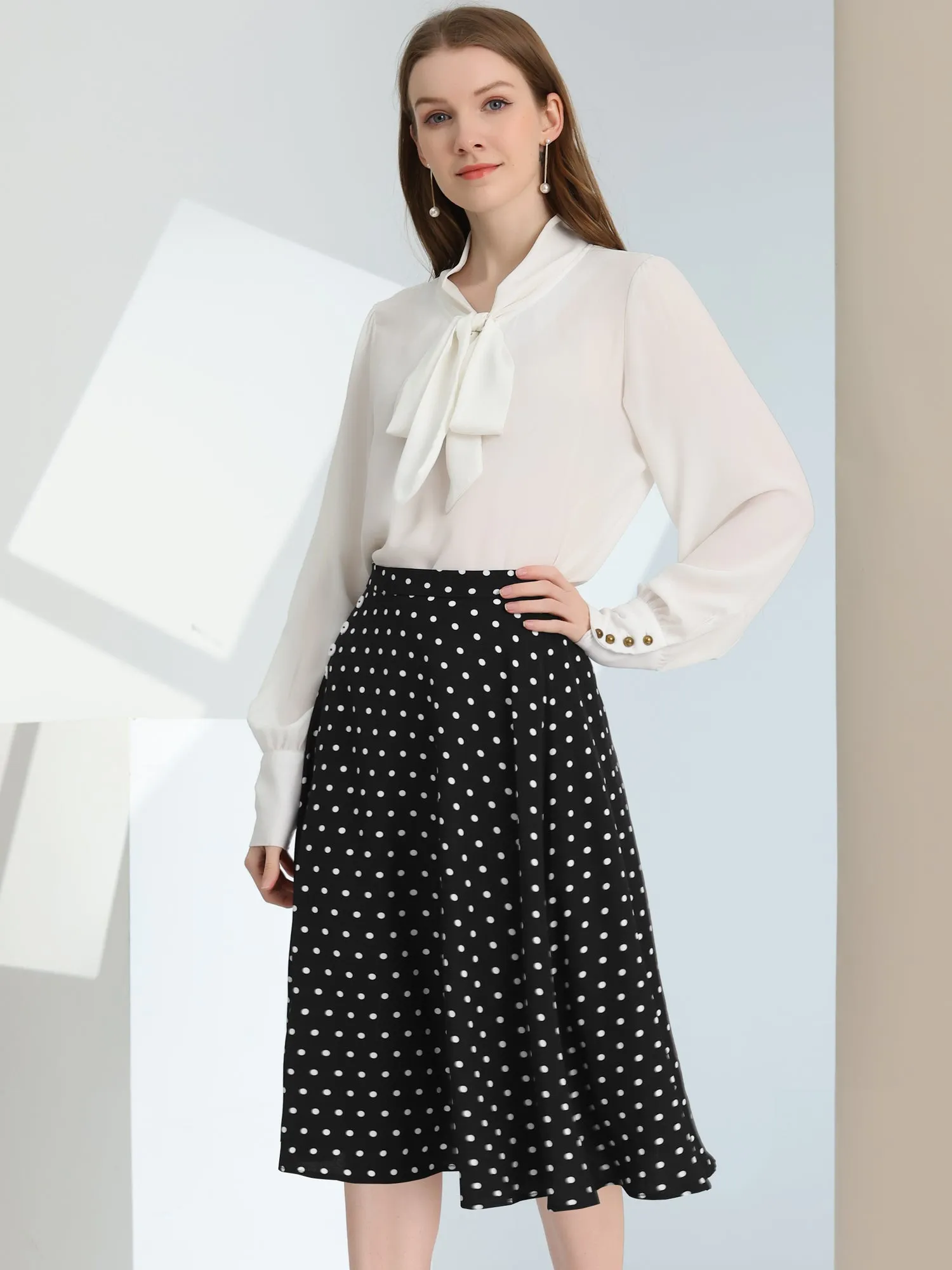 Retro Polka Dot Elastic Waist Vintage A-Line Midi Skirt