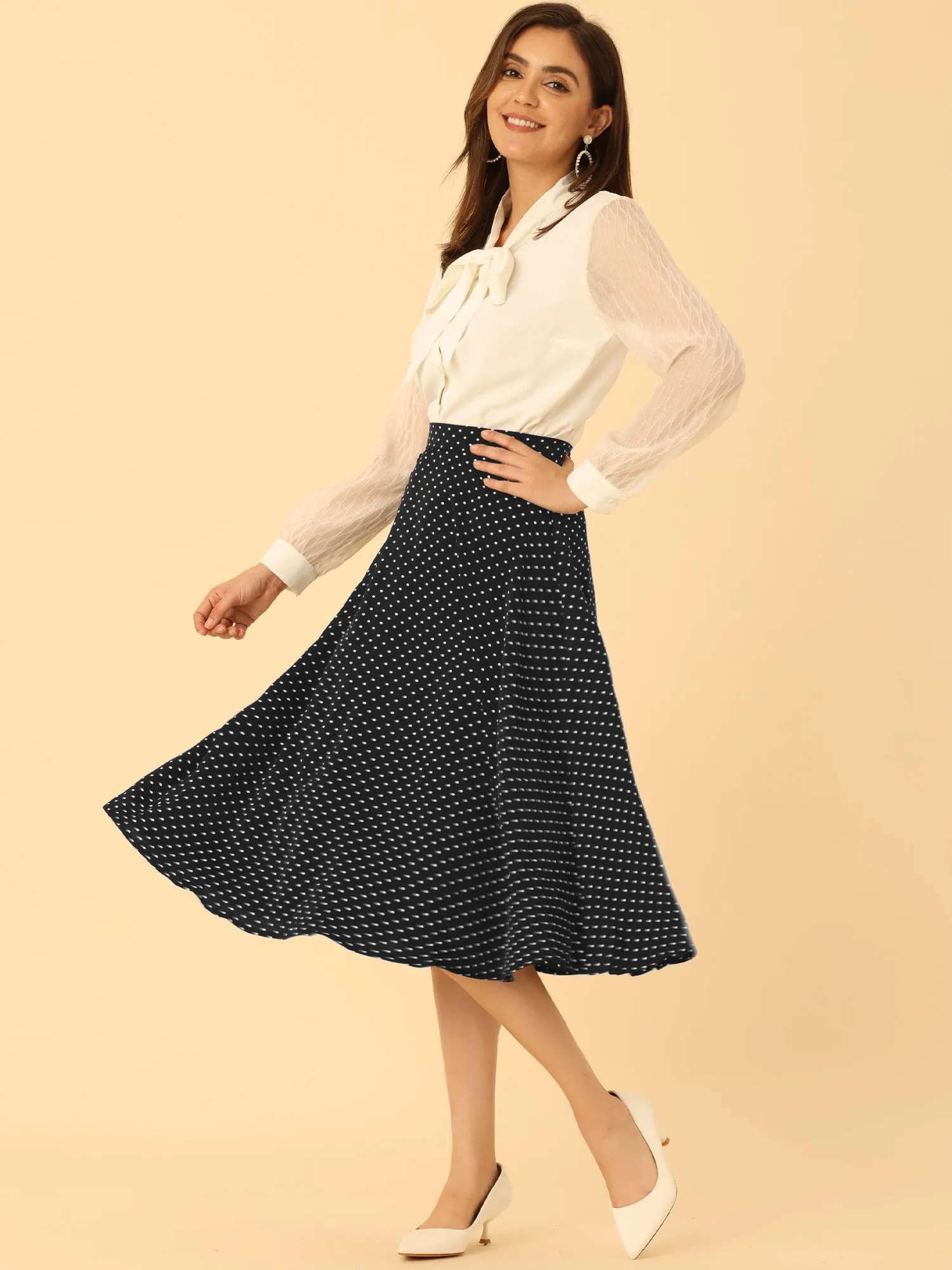 Retro Polka Dot Elastic Waist Vintage A-Line Midi Skirt