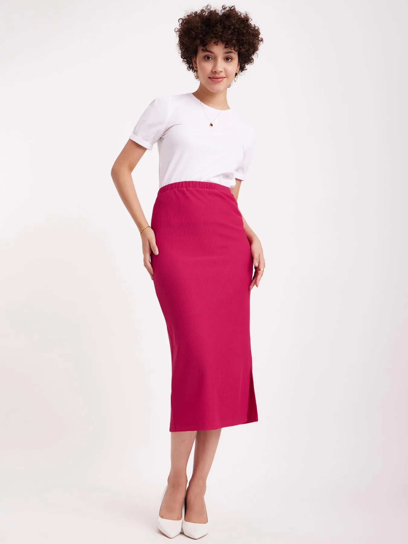 Rib Knit Midi Skirt - Fuchsia