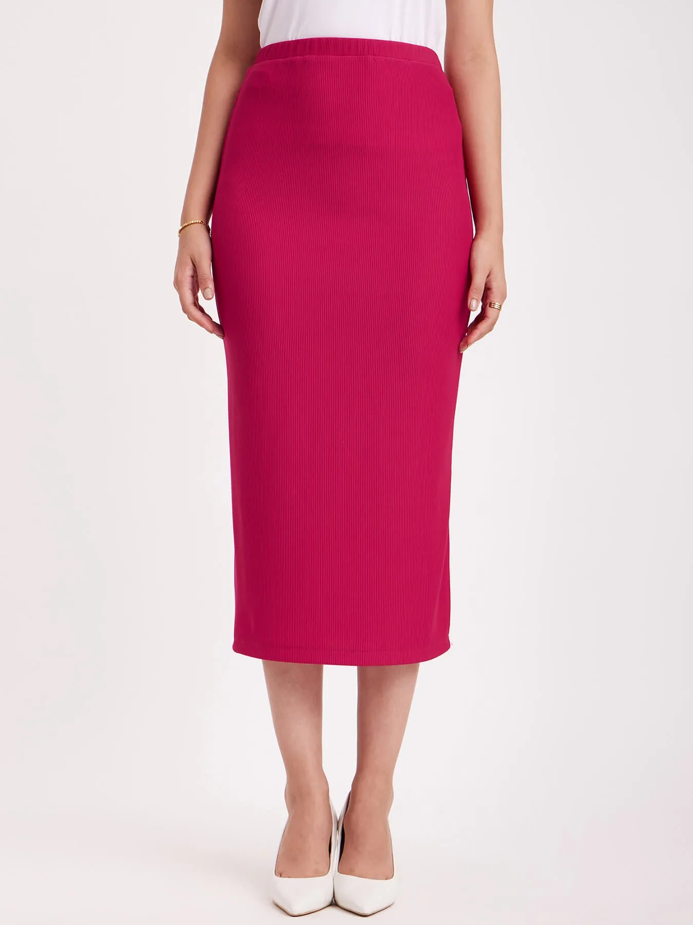 Rib Knit Midi Skirt - Fuchsia