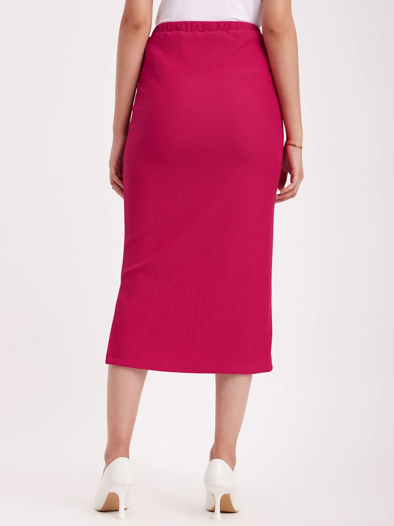 Rib Knit Midi Skirt - Fuchsia