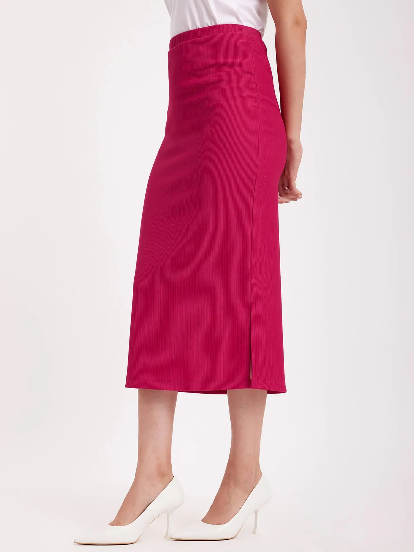 Rib Knit Midi Skirt - Fuchsia