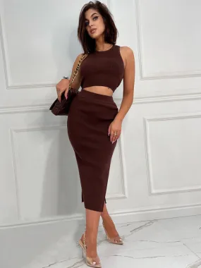 Ribbed Cutout 2-Piece Bodycon with Crop Tank Top and Slit Midi Dress