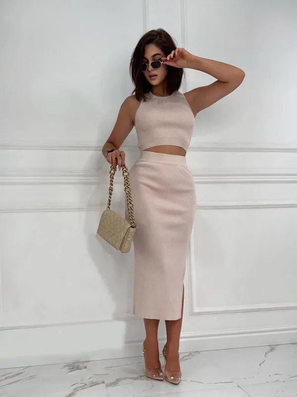 Ribbed Cutout 2-Piece Bodycon with Crop Tank Top and Slit Midi Dress