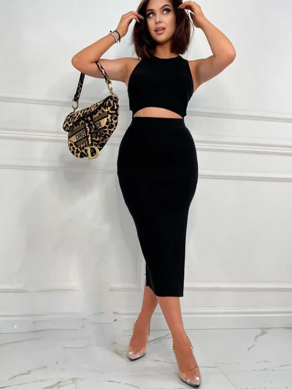 Ribbed Cutout 2-Piece Bodycon with Crop Tank Top and Slit Midi Dress