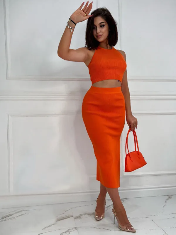 Ribbed Cutout 2-Piece Bodycon with Crop Tank Top and Slit Midi Dress